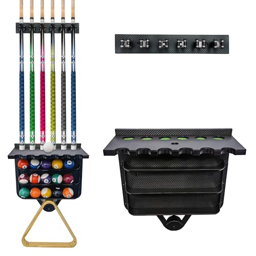Joovon Pool Stick Holder Wall Mount | 6 Cue Rack with Ball Holder & Cue Rest | Engineering Polypropylene Board with Carbon Fiber Veneer | pool cue holder for Game Room & Pool Table Accessories