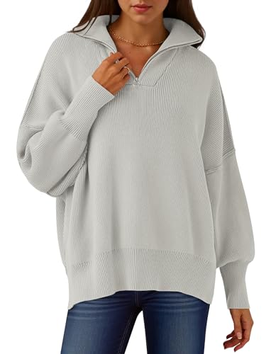 Image of ANRABESS Womens Oversized Quarter Zip Pullover Sweaters | Fall Fashion Outfits, Long Sleeve Slit Side, Baggy Loose Fit, 1 /4 Zip Lapel Collared, Ribbed Knit Soft Warm Winter Clothing