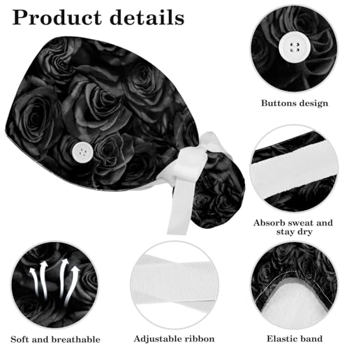 Image of Red Blooming Rose Flowers Black Working Cap with Scrunchy and Ribbon Tie for Women, Long Hair