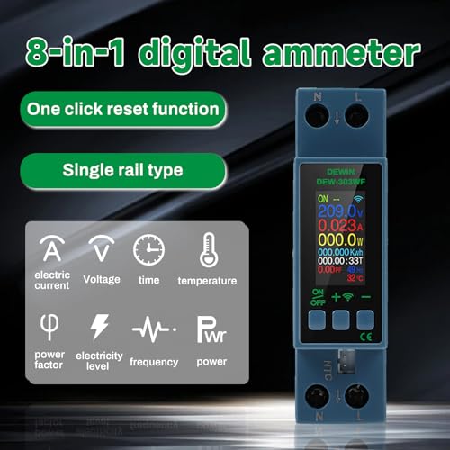 DEWIN Stromzähler Smart Hutschiene WLAN, KWS-303WF 8-in-1 Voltmeter Wattmeter Ausschalter AC Spannung Strom Leistungsmesser Energie Monitor 40A AC 230V