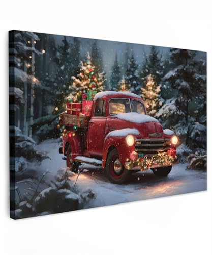 MuchoWow© Cuadros Decoracion Salon Modernos 120x80 cm para Dormitorios Cuadro Decorativos Lienzos Decorativo Pared Lienzo Navidad Camión - Bosque nevado - Rojo