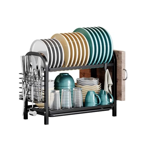 Hniuyun Dish Drying Rack, 2 Tier Metal Dish Rack with Drip Tray, Dish Drainer with Cutting Board Holder for Kitchen Counter, Black
