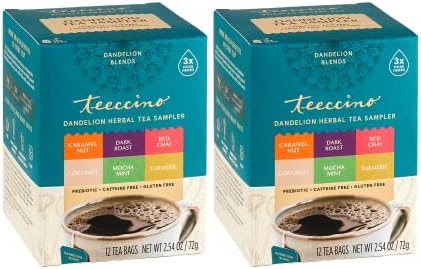Teeccino Dandelion Tea Sampler - Caramel, Coconut, Dark Roast, Mocha Mint, Red Chai, Turmeric - Prebiotic Coffee Substitute | Caffeine Free | Gluten Free | Coffee Alternative, 12 Tea Bags (Pack of 2)