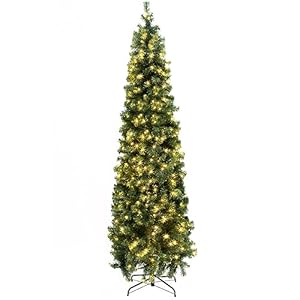 6.5ft Pre-lit Pencil Christmas Tree Fir Hinged Slim Corner Xmas Tree Holiday Decoration with 250 Incandescent Warm White Lights & 586 Snow Branch Tips, White