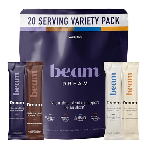 BEAM Dream Sleep Powder Magnesium Sleep Aid for Adults with Melatonin L-Theanine Reishi Mushroom & Apigenin Sleep Supplement Sleep Cocoa Hot Chocolate Drink Mix Variety Pack 20 Servings