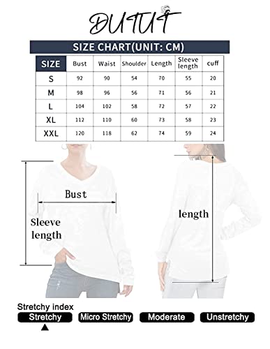 DUTUT Casual Long Sleeve Womens V Neck Fall T Shirts Solid Color Loose Fit Basic Tops White