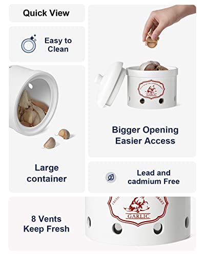 Le Tauci Garlic Keeper, 5 Inch Vented Ceramic Storage Container Holder, Reserve For Garlic, Onion, Lemon, Patato, Ginger Or Shallots, 1 Pack, White #TOP1