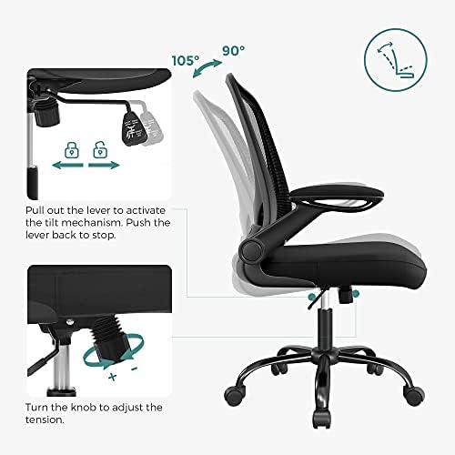 SONGMICS Office Chair with Folding Armrest, Desk Mesh Chair, Ergonomic Computer Chair, 360° Swivel Chair, Adjustable Lumbar Support, Space-Saving, Black OBN37BKUK