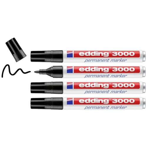 edding 3000 Marqueur permanent - noir - 4 stylos - pointe ronde 1,5-3 mm - sèche vite - résiste à l'eau et à l'essuyage - pour carton, plastique, bois, métal - marqueur universel
