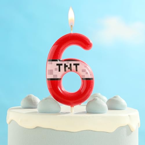 PHD CAKE 2.76 Inch Number 6 Red Pixel Birthday Candles, TNT Themed Number Candles, Cake Number Candles, Party Celebration - Thumbnail 2