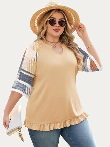 HDLTE Womens Plus Size V Neck T Shirts Summer Half Sleeve Casual Loose Tees Color Block Fashion Tunic Tops with Tassel Light Brown — view 3