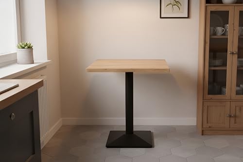 SAM Bistrotisch Joan | 80 x 80 cm eckig | Holz | Farbe: Eiche | Baumkante | schwarzes eckiges Säulengestell aus Metall | Säulentisch/Esstisch für Küche, Café & Essbereich