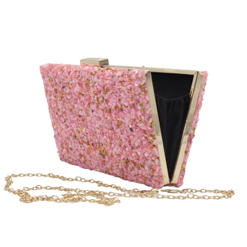 la monsita Bolso de Fiesta Estilo Clutch con Pedrería Rosa y Dorada, Cadena Dorada para Colgar, Bolso de ceremonia Brillante