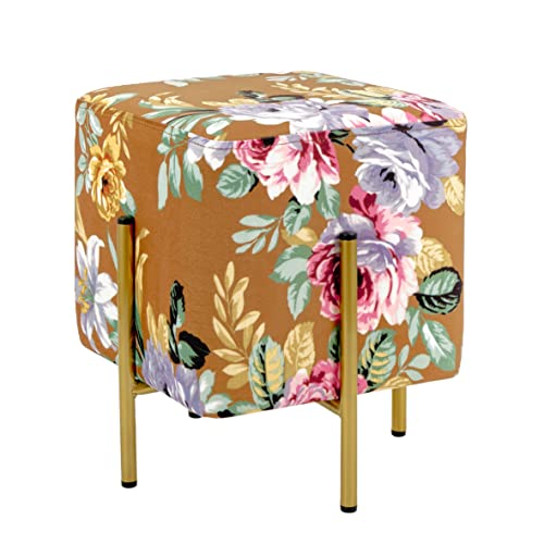 Baroni Home Pouf Poggiapiedi Quadrato in Velluto, Pouf da Salotto Imbottito, Pouf Panchetto per Camera da Letto, Fiori Base Cognac, 33x33x38 cm