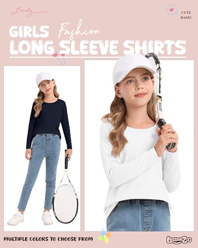 5 Pack Girls' Long Sleeve Shirts Kids Crewneck Basic Tees Solid Color Fall Winter Tops Bulk 5-14 Years4