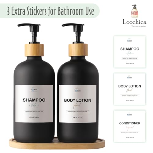 Image of LOOCHICA 2 Pack Black Glass Soap Dispenser Set with Tray, Hand and Dish Glass Soap Dispensers for Kitchen Sink, Matte Black Soap Dispenser Suitable for Kitchen Sink, Rustic Kitchen Decor