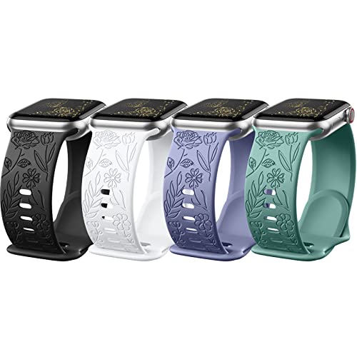 DaQin Floral Engraved Band Compatible with Apple Watch Band 38mm 40mm 44mm 41mm 42mm 45mm 49mm Women, Fancy Rose Flower Laser Printed Soft Silicone Band for Apple Watch Series 8 7 6 5 4 3 2 1 SE/Ultra