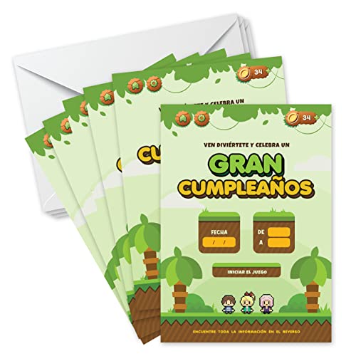 SoKawaï - 6 invitaciones de cumpleaños en español + 6 sobres | Tema Videojuegos | Fiesta infantil Cover
