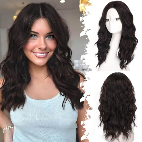 Image of Eawwii Wigs for Women Dark Brown,Short Wavy Synthetic Lace Wig 18 Inch