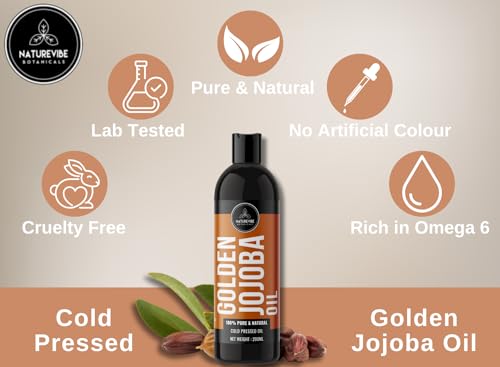 Image of Naturevibe Botanicals Golden Jojoba Oil 200ml | Pure Jojoba Oil for Face, Hair & Body Massage with Vitamin E | Natural & Unrefined For Men & Women