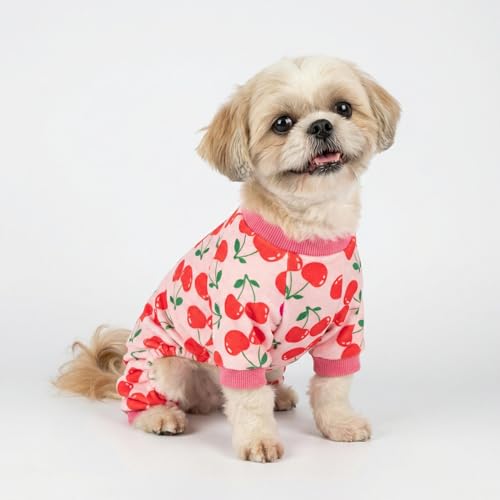 Image of Fitwarm Cute Cherry Dog Pajamas, Warm Dog Onesie with Feet, Dog Clothes for Small Dogs Girl, Fleece Pet Outfit, Pink, Red, XXL