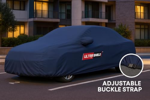 Image of ULTRA SHIELD All Weather Water-Resistant Car Cover for Volkswagen Virtus | Durable Light-Weight Triple-Stitched Fabric, UV Protection, Dust-Proof | Mirror Pockets, Full Elastic | Navy Blue