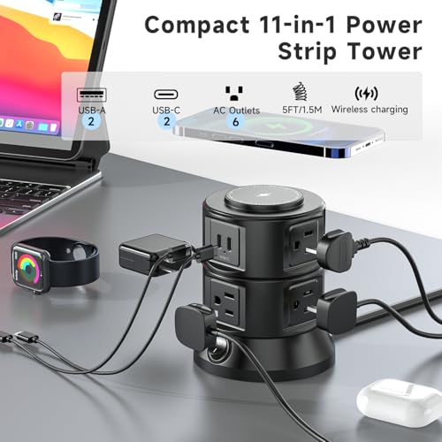 Image of Power Strip Tower 1875W 15A with 15W Magnetic Wireless Charger, Dual-Layer Rotatable Design, 540 Joules Surge Protector Tower with 6 AC Outlets and 4 USB Ports(2USBA+2USBC), 5FT Braided Extension Cord