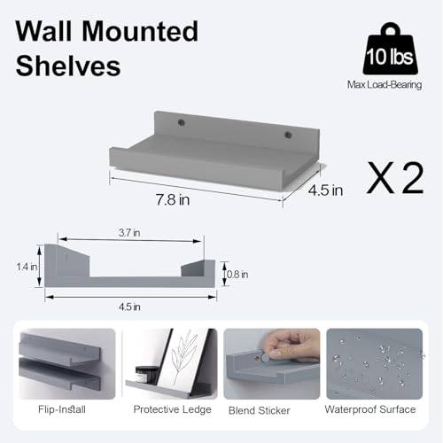 Image of Small Grey Floating Shelves for Wall, Shelf with Lip Set of 2, 8 in