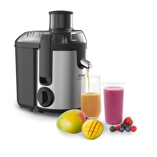 T-fal Extractor de Jugo Frutelia Plus Inoxidable cuenta con 2 velocidades diferentes, un depósito de 950 ml, tubo de alimentación (60 mm) y función pulso para resultados únicos, ZE420DMX