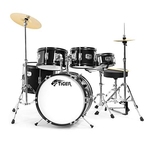 Condizionatore TIGER JDS14-BK Batteria per ragazzi 5 pezzi, con rullante, tom, basso, pedale, piatti, Hi-Hat, bacchette e sgabello - colore nero