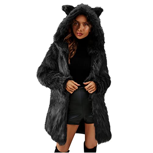 EMATOP Damen Pelzmantel mit Kapuze Winterjacke Dickere Warm Kunstfell...