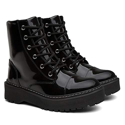 Bota Coturno Feminina Tratorada Tendência Blogueiras + Relógio - Preto Verniz/36