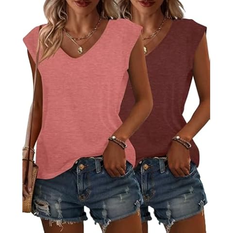 KKJ Womens Tank Tops Cap Sleeve U Neck Tops 2025 Summer Spring Casual Tee Fashion Clothes Loose Fit Basic Trendy T Shirts,Pink+Wine Red,M Cover