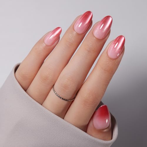 VSALON Press On Nails Short Almond, 32 Pcs 16 Sizes Red Cat Eye Press On Nails Ombre Fake Nails With UV Cure Nail Glue, Reusable Stick On Nails Sparkly False Nails Fall Gifts For Women