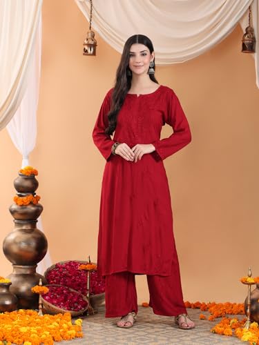 Image of POSHAK CHIKAN STUDIO Women's Hand Embroidered Lucknowi Chikankari Rayon Co-ord Set