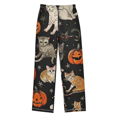 Halloween Kitten Cat Boys Long Pants Soft Trousers Elastic Waist Kids Lounge Bottoms with Pockets S-XL