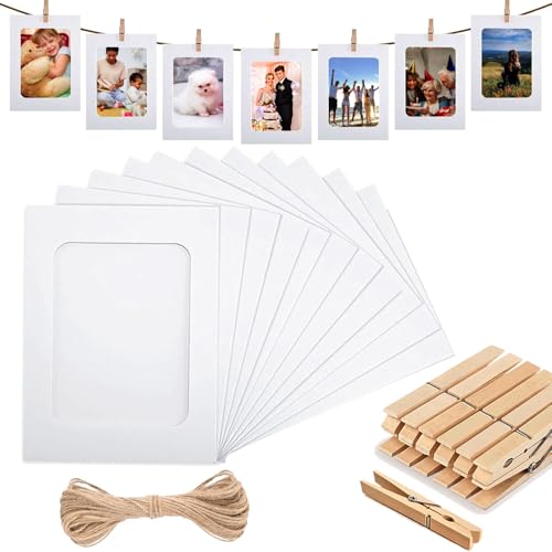skantany Paper Frames 4x6'', White Paper Photo Banner with Clip, Paper Hanging Picture Frames with String,10 Pack Paper Photo Frames for Graduation,Birthday,Famliy Wall Photo Display