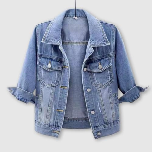 Women'S 3/4 Slim Sleeve Denim Jacket Lapel Basic Button Down Trucker Colored Cropped Jeans Jacket Boyfriend Washed Coat2