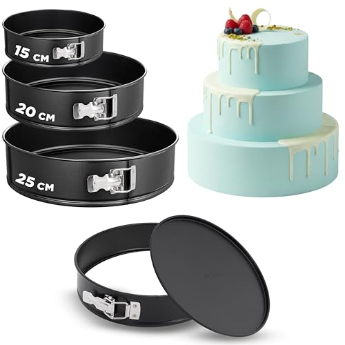 NutriChef Set de 3 Moules Springform – 15/20/25 cm, Acier Carbone, Antiadhésifs, Anneaux Inox, Compatible Four 230 °C, 300 Caissettes, Noir