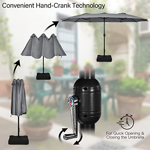 Image of Tangkula 15FT Double-Sided Patio Umbrella with Base, Extra-Large Market Umbrella W /Crank System, Outdoor Twin Umbrella W / 12-Rib Metal Structure & Air Vents for Garden, Backyard, Poolside (Gray)