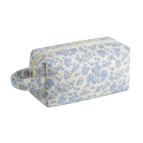 Gleyemor Cute Small Quilted Makeup Bag for Women, Floral Cotton Cosmetic Bag, Toiletry Pouch Travel Essentials Christmas Gifts (Blue Floral)