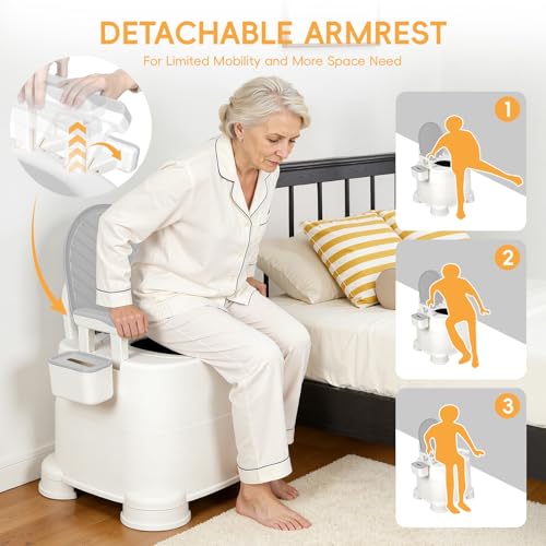 Silla de inodoro portátil 3 en 1 con capacidad de 220 lbs, reposabrazos removibles, cubiertas dobles selladoras de olores y pies antideslizantes, con balde y portarrollos para personas mayores, discapacitadas y embarazadas miniatura 3