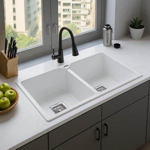Image of ARQUIN Double Bowl Quartz Kitchen Sink 37x18x9 Inch White | Durable & Scratch-Resistant Sink | Undermount,Topmount | Including Coupling,Sink Connector,Waste Pipe & Fruit Washing Basket