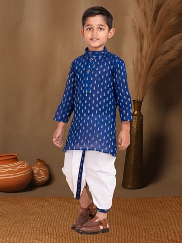 Image of Boys Dhoti Kurta Set for Kids - Cotton Kurta and Elastic Waist Dhoti - Traditional Dress
