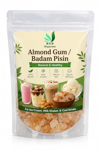 Image of BSD Organics Natural Almond Gum /Badam Pisin /Badam Gum /Gondh Katira for ice cream, milk shakes, Jigarthanda, Body coolant, Natural Jelly,Tasty & delicious drink,and more-500 grams