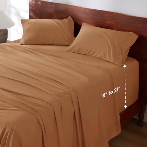 Image of Bedsure Deep Pocket Queen Sheets Set - Fits Mattresses Up to 21 Inches Thick - 4 Piece GentleSoft Bed Sheets, Moisture Wicking, Soft & Cooling Bedsheet & Pillowcases, Easy & Secure Fit, Orange