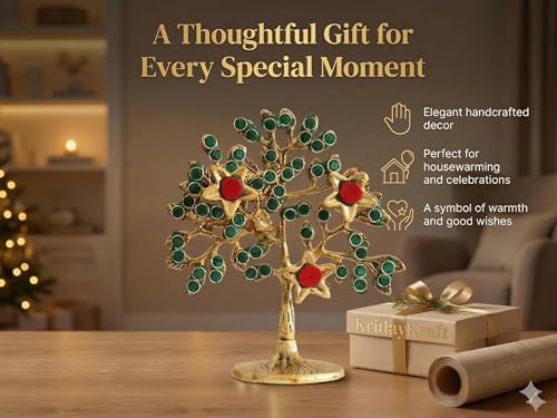 Image of Metal Kalpavriksha Tree for Home Decor - Golden Wish Fulfilling Tree Metal Showpiece for Temple, Vastu, Office Table & Gifting Banyan (No 1 Golden with Stone)