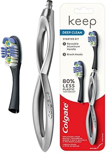 Colgate Keep Soft Manual Toothbrush for Adults with 2 Deep Clean Floss-Tip Brush Heads, Silver