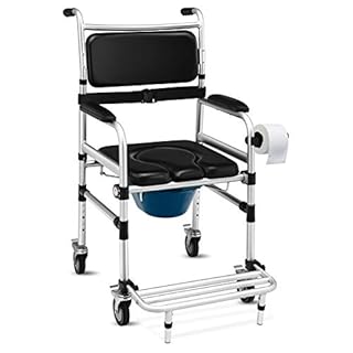 Giantex 3 in 1 Lightweight Shower Commode, Transport Bedside Commode with Wheels, Adjustable Height and Pedal, Shower Wheelchair for Elder, Disabled People (Black)