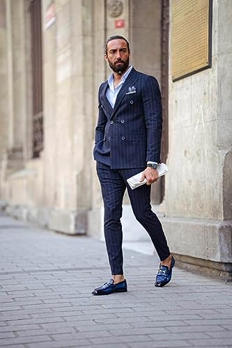 Wangyue Men's Suits 2 Piece Pinstripe Double Breasted Tuxedo Suit for Men Slim Fit Formal Dress Blazer Jacket Pants4